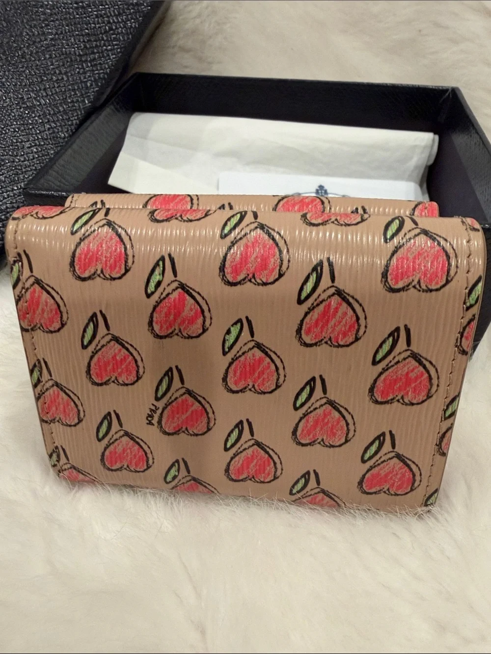 Prada Beige Leather Heart-Print small wallet Gold Logo Authentic card org box!